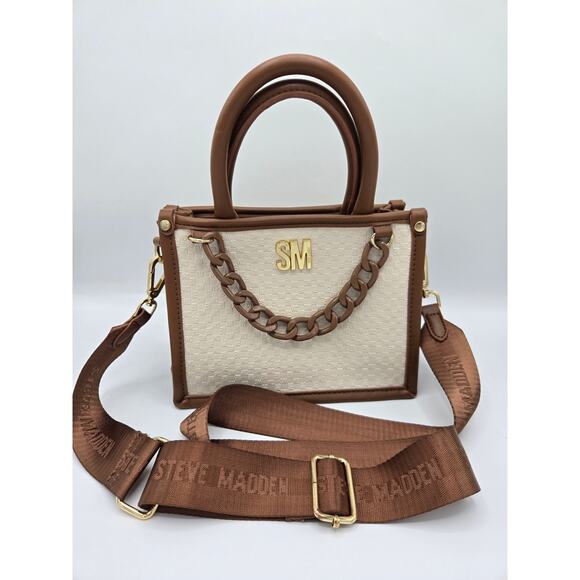 Steve Madden Crossbody Chain Bag Handbag Purse Satchel Cognac Cream Small - Picture 9 of 9